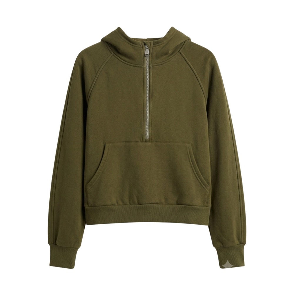 Unbranded Half Zip Hoodie‎ Women Size M Olive Green Cropped Fleece Pullover
